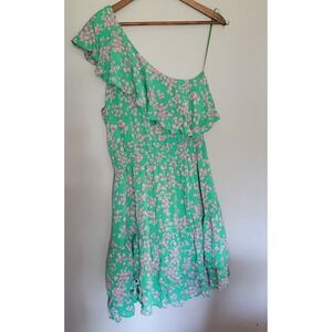 Draper James RSVP Ruffle Smocked One Shoulder Dress Green Pink Floral Large - M